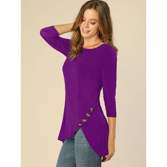 3/4 Sleeve Round Neck Button Decor Stretchy Tunic Tops Purple - Picture 2 of 6